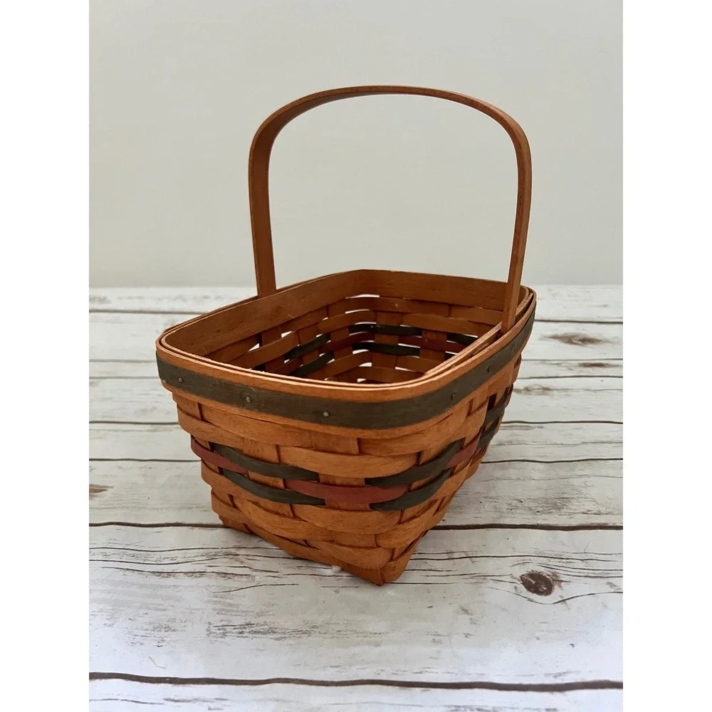 Longaberger Basket Brown Green Red Handwoven Dated 1991 Small 8.5